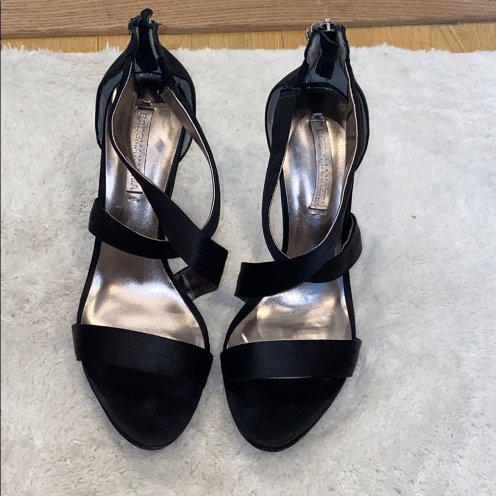 Black satin open toed heels
